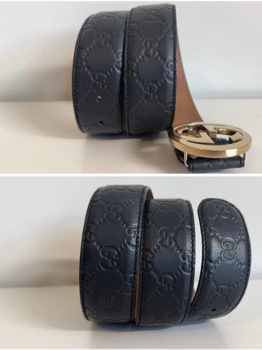 Gucci Black Leather Belt with Gold Double G Buckle.  Made in Italy. Size 70-28